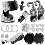 21 Pcs Car Rhinestone Interior Accessories Set Phone Holder Coaster Seat Hook Shiny Interior Modification Supplies White