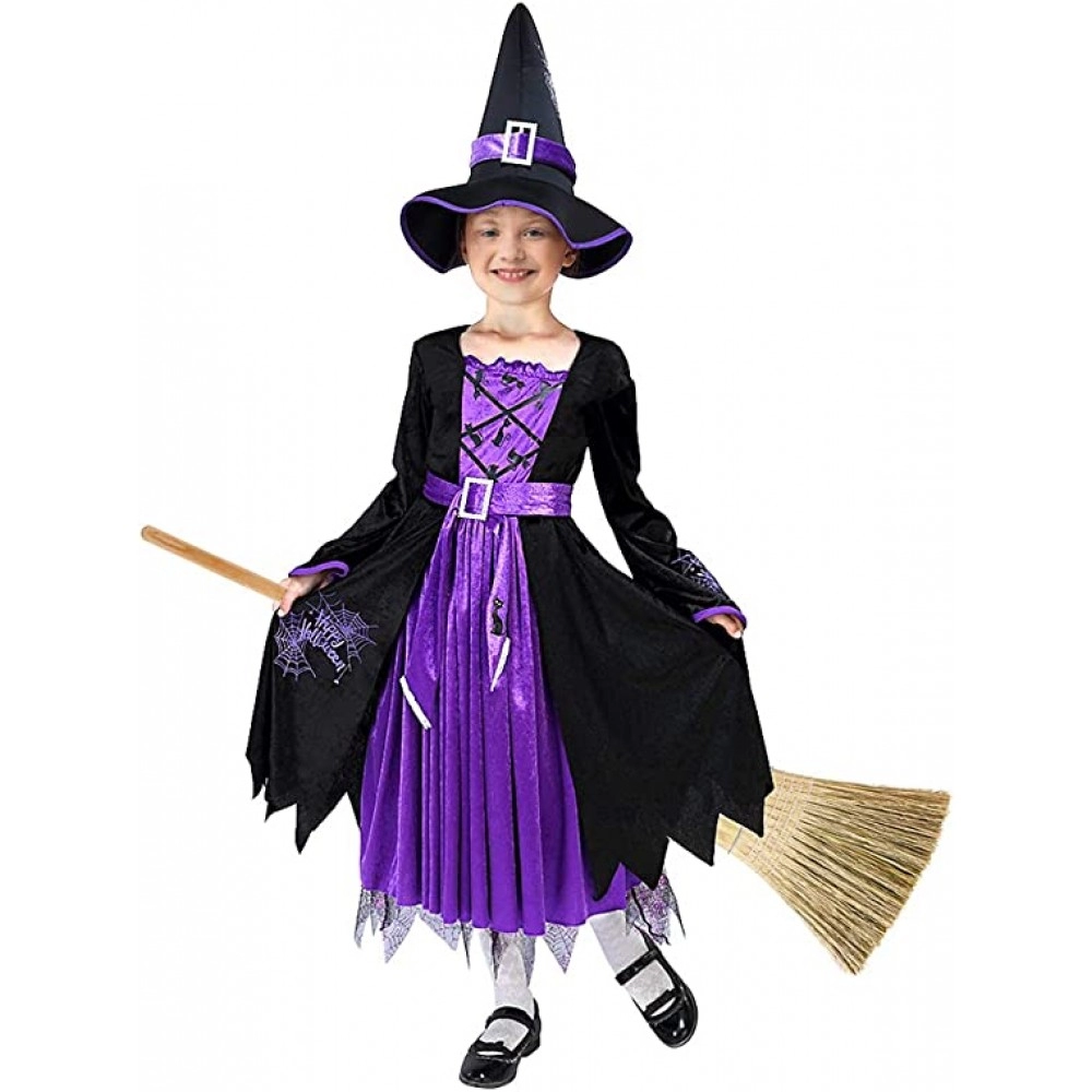 Witch Costume Halloween Party Fancy Dress Up Deluxe Set with Hat Skirt for Girls